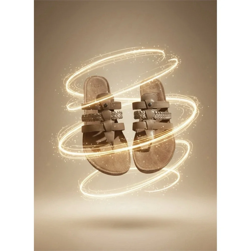 UGG Wedge Sandals Womens 8‎ Tan Leather Braided Metallic Cork Excellent Strappy